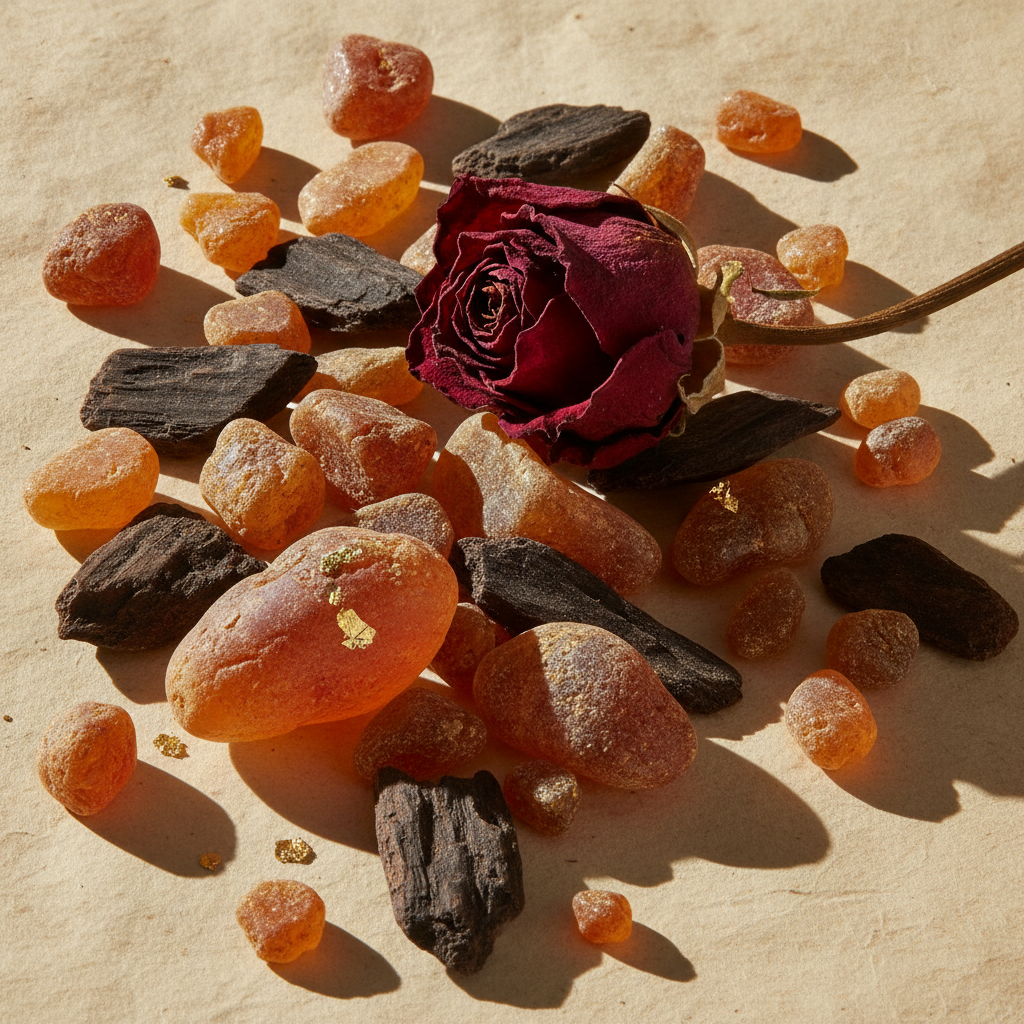 Amber resin chunks, oud wood, and a dried rose on cream parchment in warm natural light.