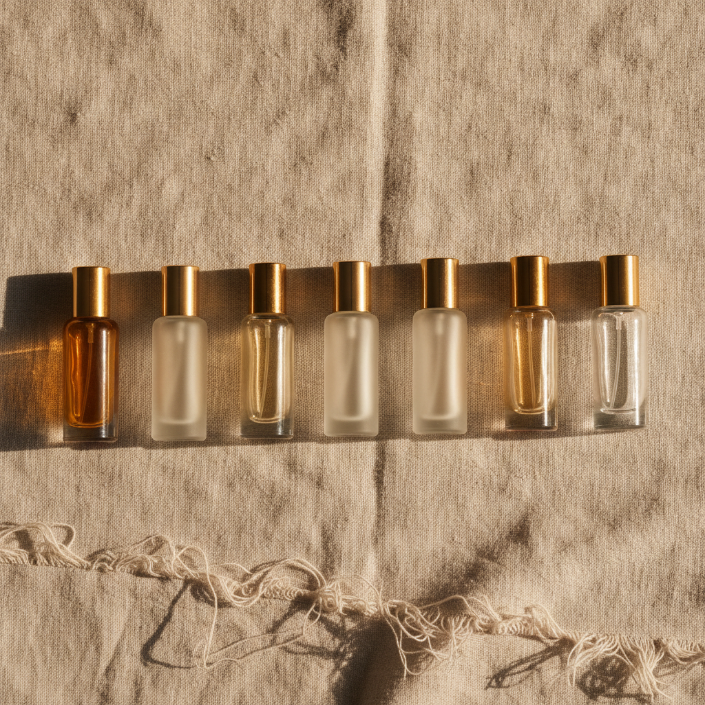 A row of small amber and frosted perfume bottles standing on cream linen in soft natural light.
