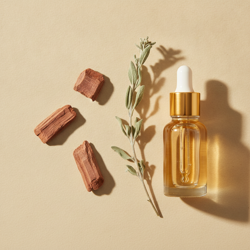 Small cedarwood chips, dried herbs, and a glass dropper bottle with a gold stopper arranged on cream paper in warm side light.