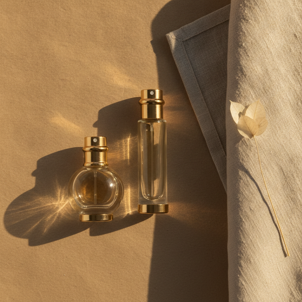 Two small perfume bottles beside a folded linen cloth and a dried flower stem on a warm cream surface in soft morning light.