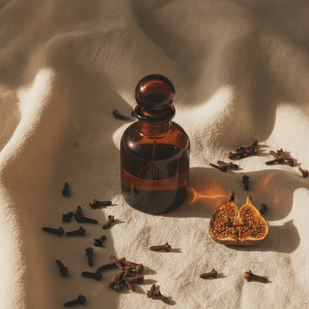 Dark amber perfume bottle resting on folded linen fabric with scattered cloves and a dried fig in warm low light.