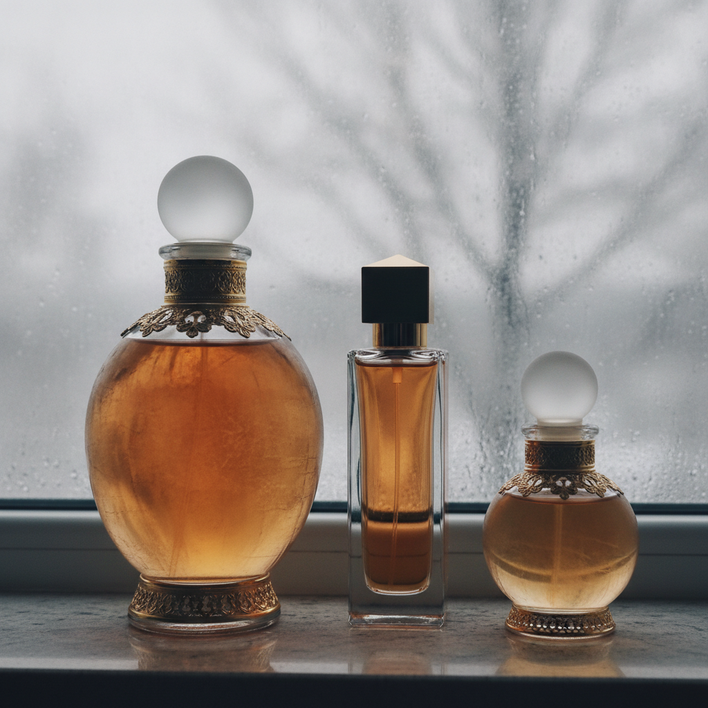 Three perfume bottles on a windowsill with a blurred cold winter window behind them in soft grey light.