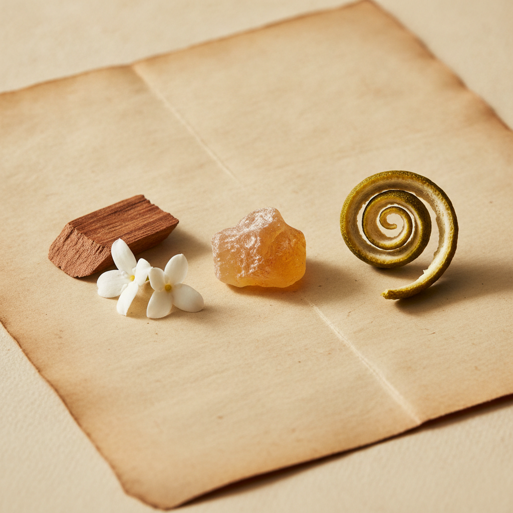 Amber resin piece, cedar chip, jasmine blossoms, and bergamot rind curl arranged on aged parchment paper