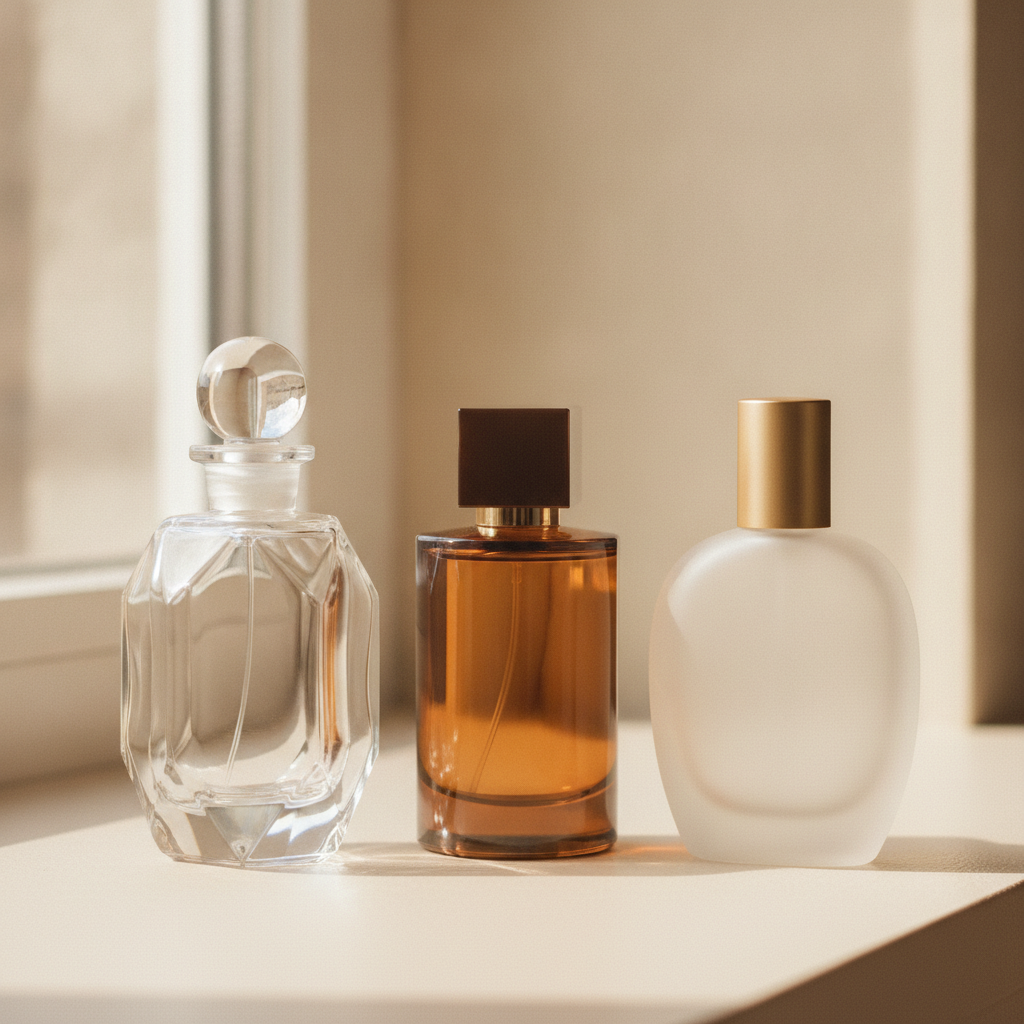 Three varied perfume bottles — clear glass, amber-tinted, and frosted white — on a warm cream surface in soft side light