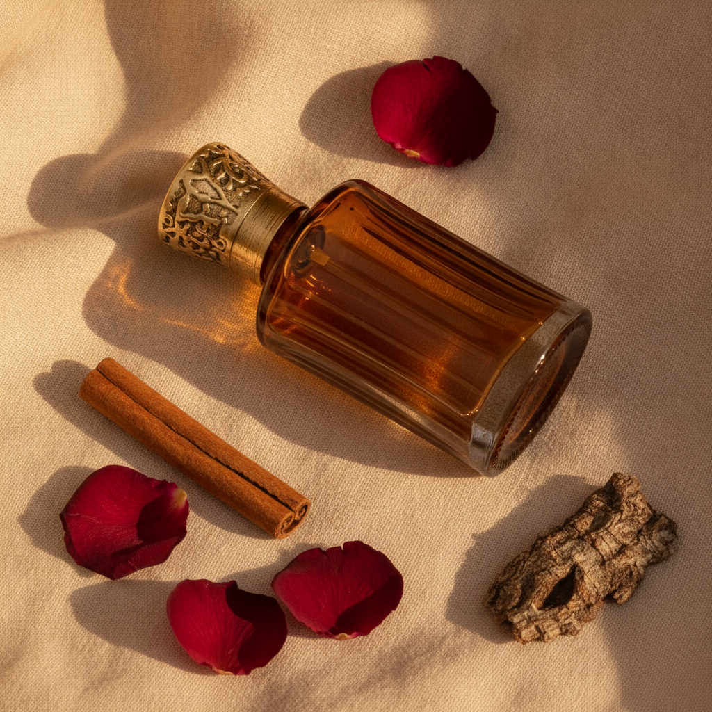 Amber perfume bottle on its side among dried botanicals and spices on cream linen.