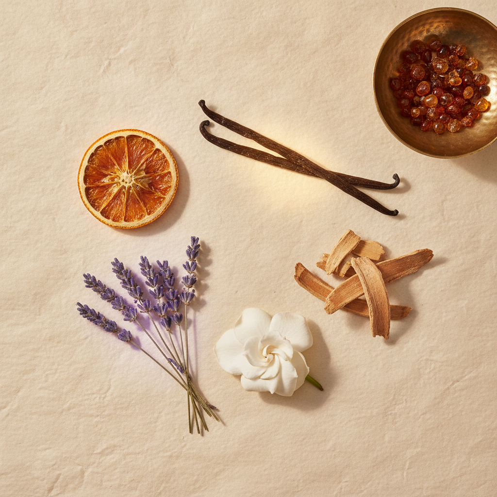 Overhead flat lay of raw fragrance materials including citrus, dried lavender, wood chips, vanilla pod, and white petals on cream paper.