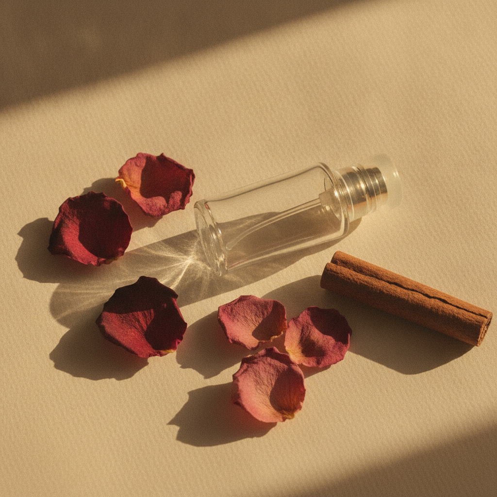 Small glass perfume bottle on its side beside dried rose petals and a cinnamon stick on cream paper in warm afternoon light