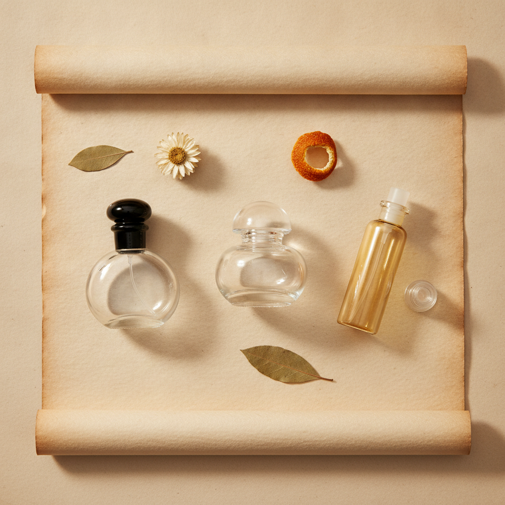 Three small perfume bottles arranged on aged parchment paper with dried flower and dried citrus peel nearby in warm cream and gold tones