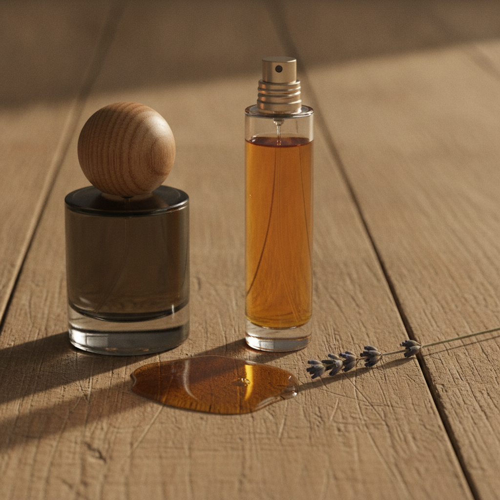 Two perfume bottles, one dark and one clear, on a wooden surface beside dried lavender and a pool of amber fragrance oil.