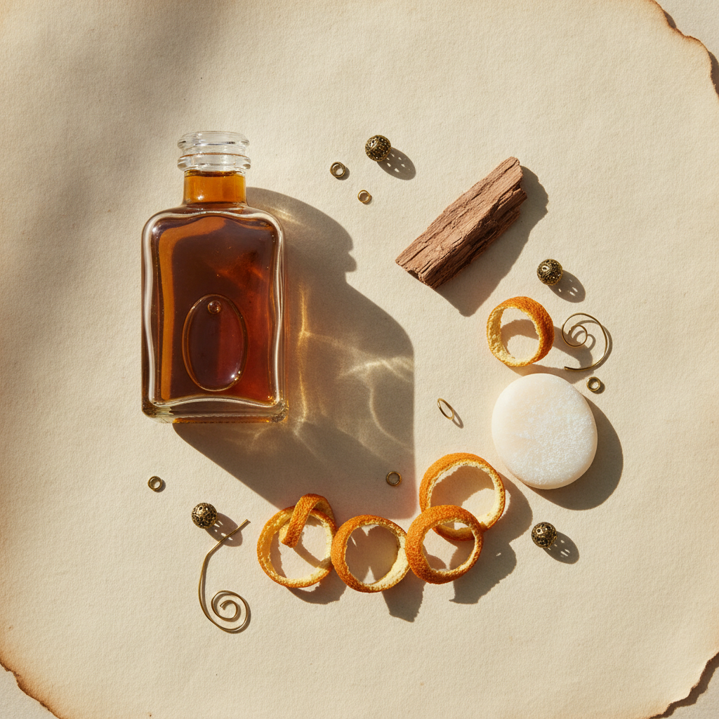 Flat lay with an amber glass bottle, cedarwood chip, dried citrus peel curls, and a small piece of wax on cream paper.