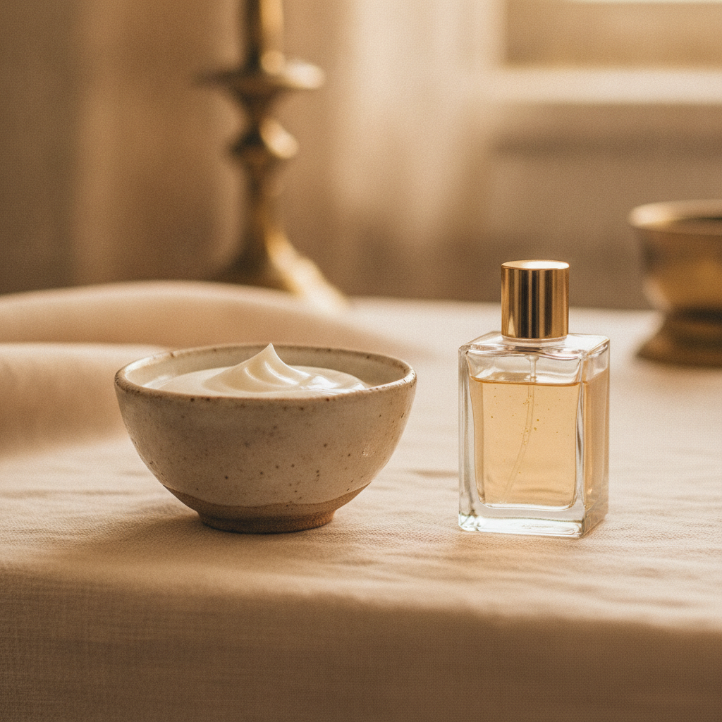 Small ceramic dish of unscented body cream beside a glass perfume bottle on cream linen