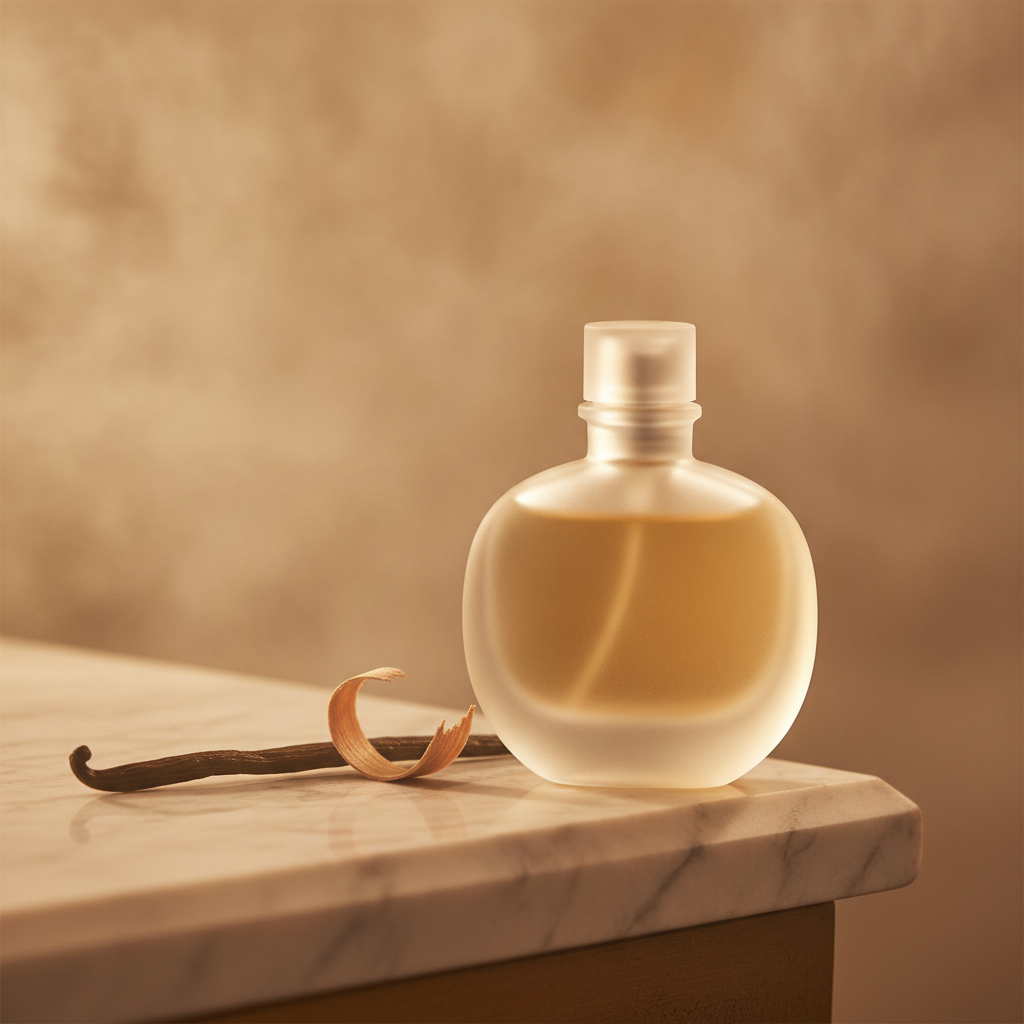 Frosted perfume bottle on pale marble with dried botanicals in soft diffused light