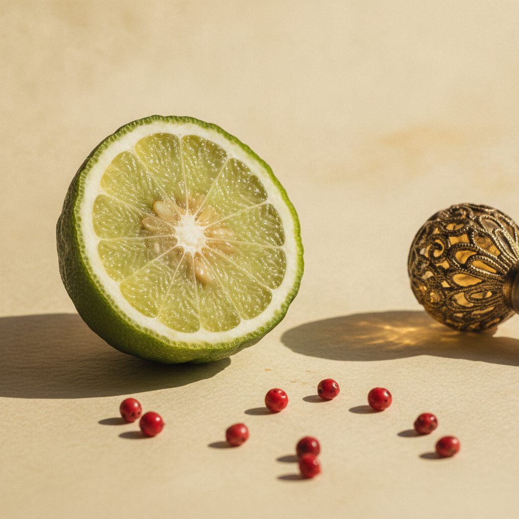Bergamot half and pink peppercorns on cream paper beside a small glass stopper in soft natural light.