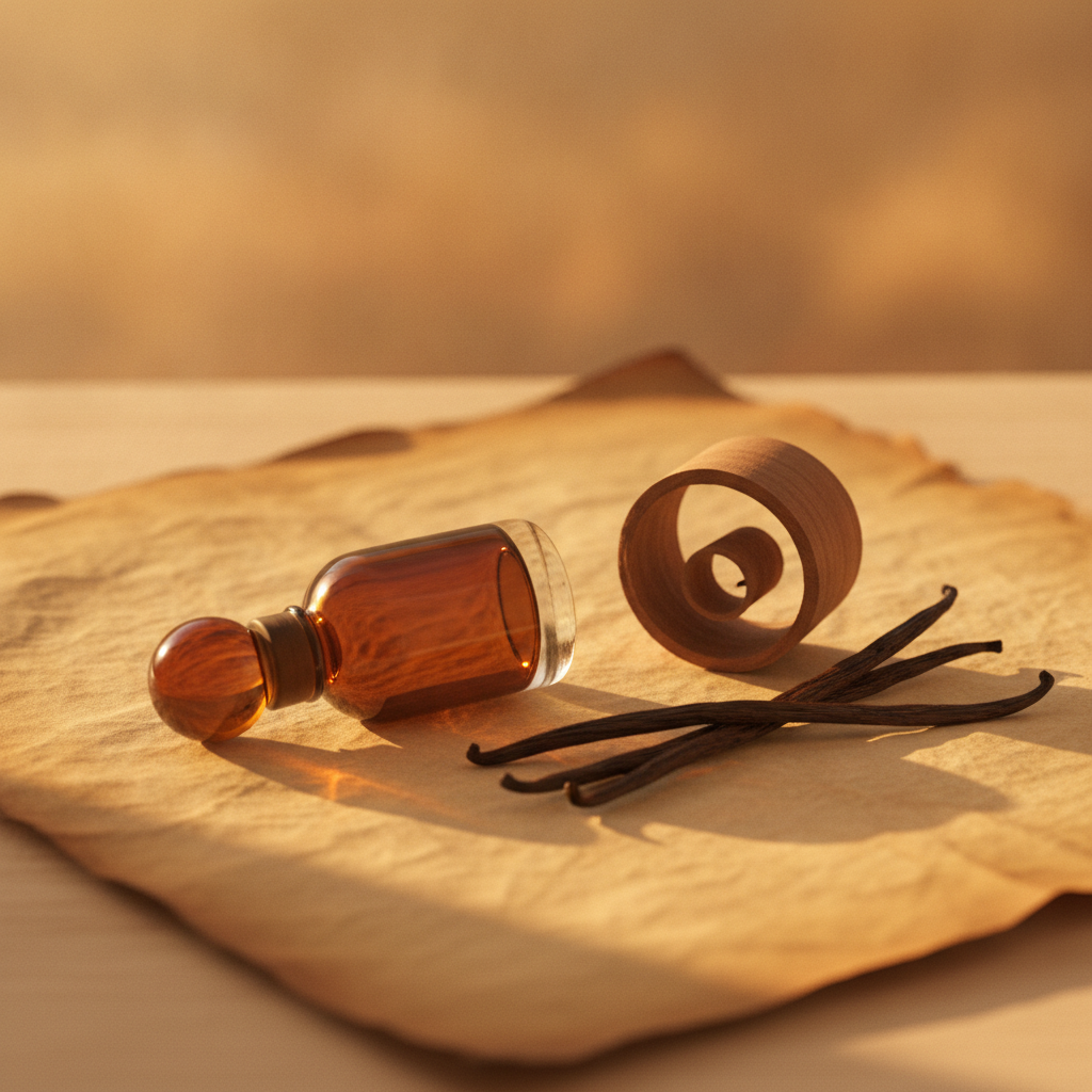 Dark glass perfume bottle on its side beside a sandalwood curl and dried vanilla beans on cream fabric in warm afternoon light.