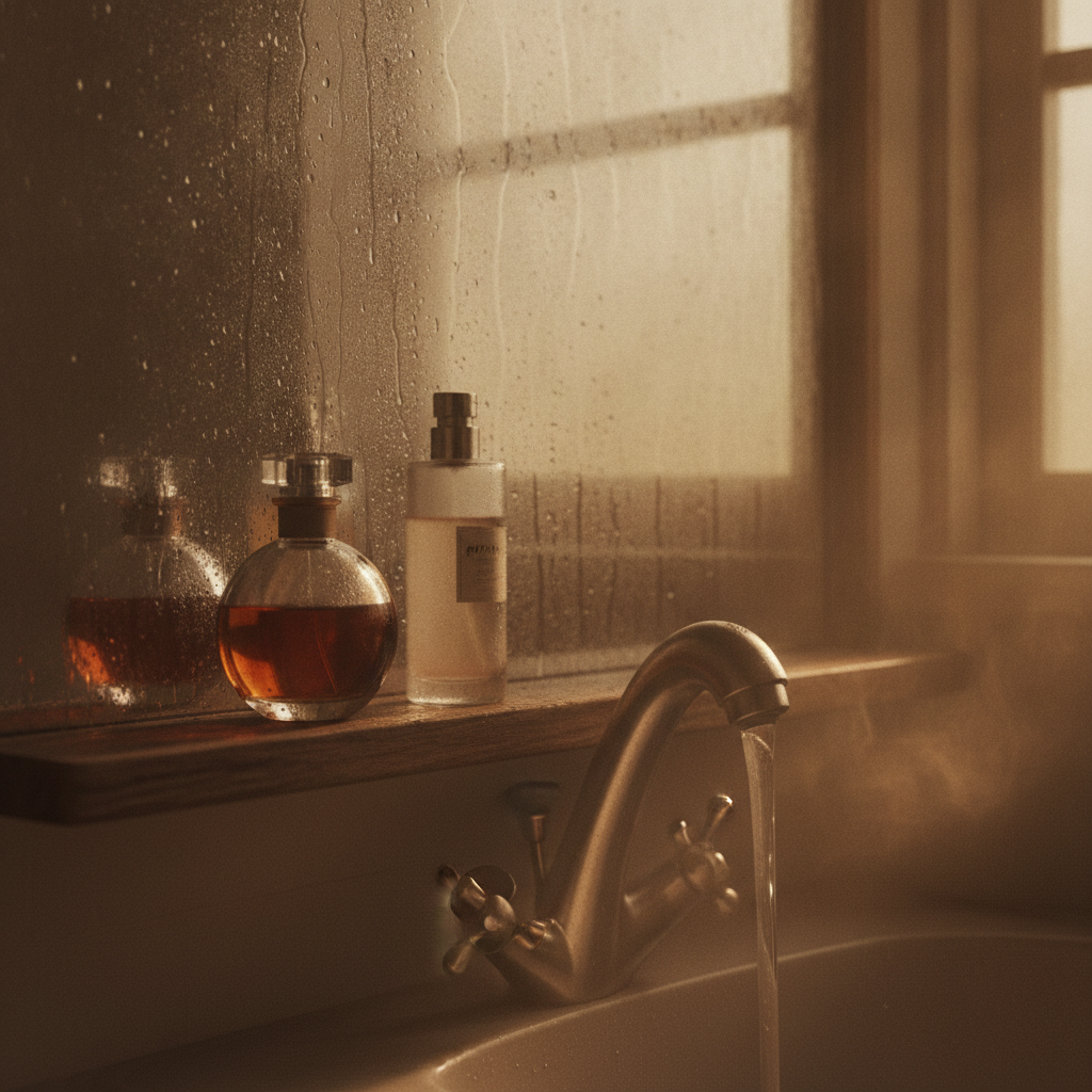 Two perfume bottles sitting on a bathroom shelf near a running sink, with condensation visible on a mirror behind them.