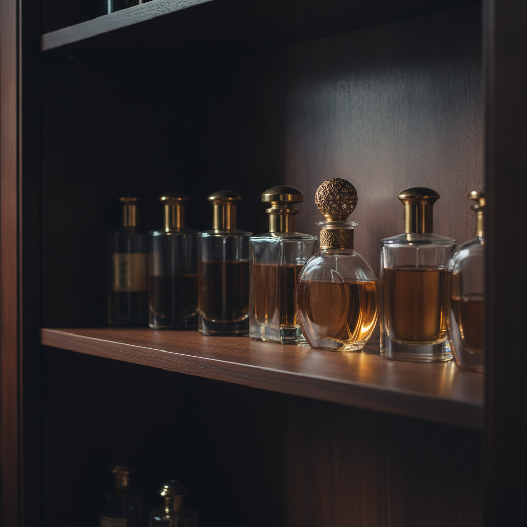 A row of perfume bottles arranged neatly on a dark wooden shelf inside a closet, softly lit from the side.