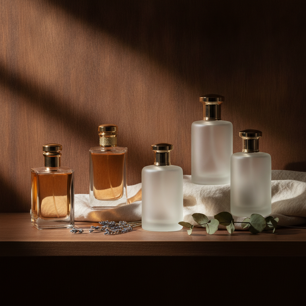 Several glass perfume bottles arranged on a dark wooden shelf in warm, raking natural light, with a folded linen cloth and dried botanicals nearby.