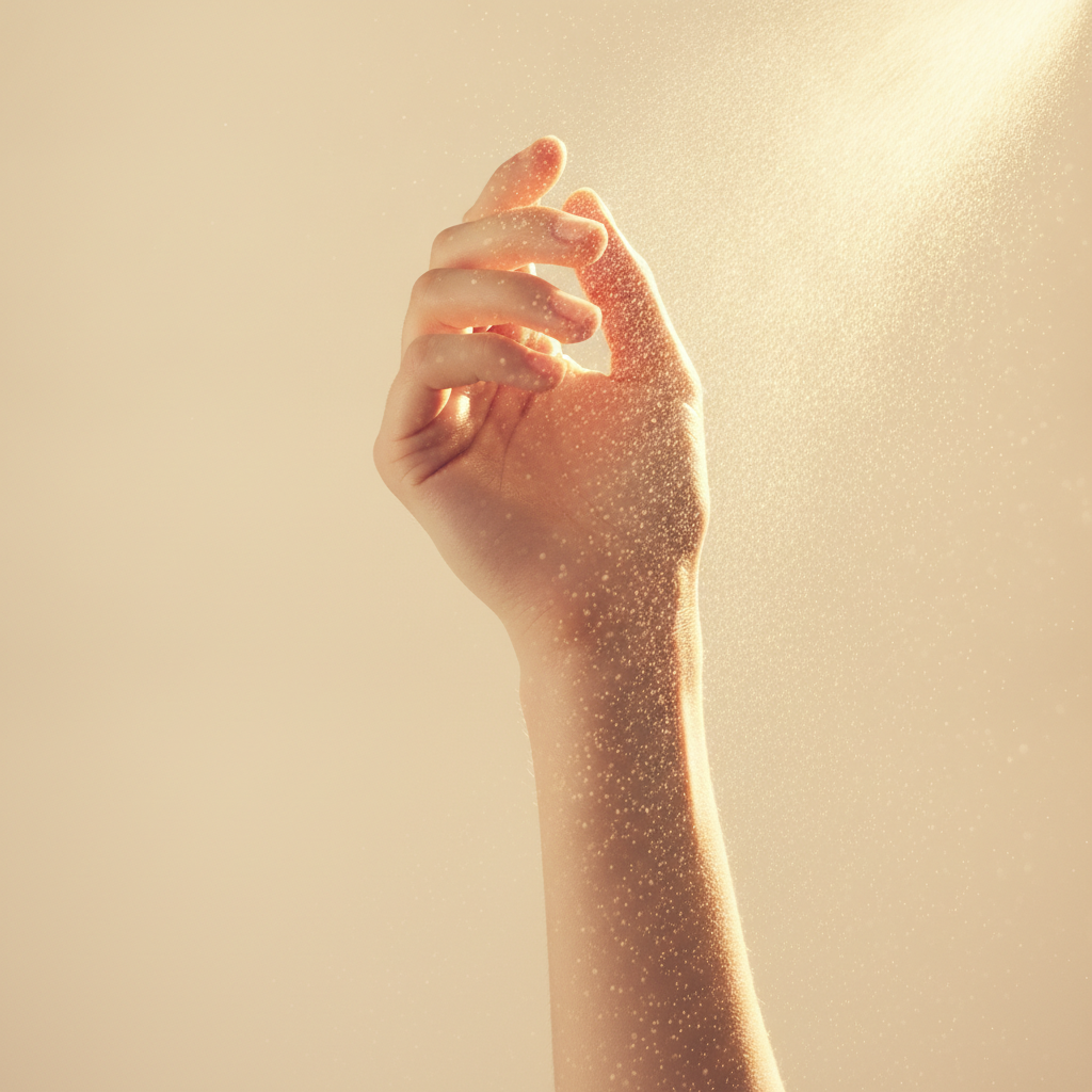 Close-up of a wrist receiving a light mist of perfume in warm natural light