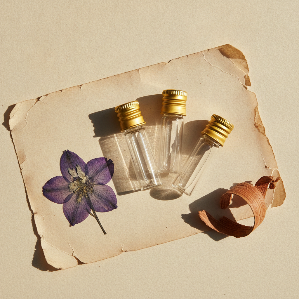 Three small perfume sample vials with gold caps arranged beside a dried flower and wood curl on cream paper