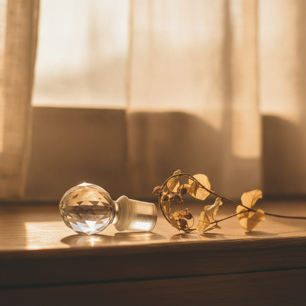 Glass perfume stopper on a windowsill beside a dried botanical sprig in warm gauze-filtered light