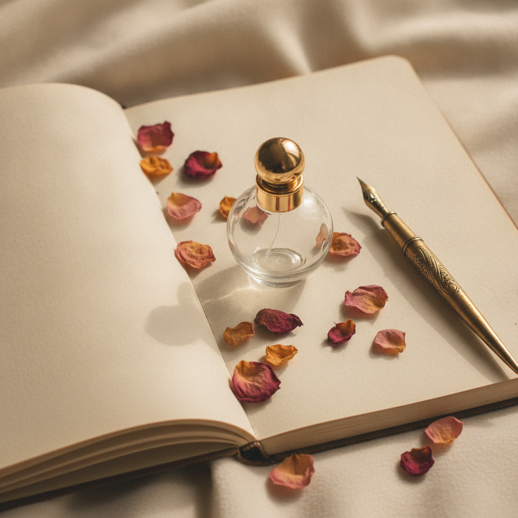 Open notebook with a small perfume bottle resting on its pages and dried petals scattered on a cream surface in soft light