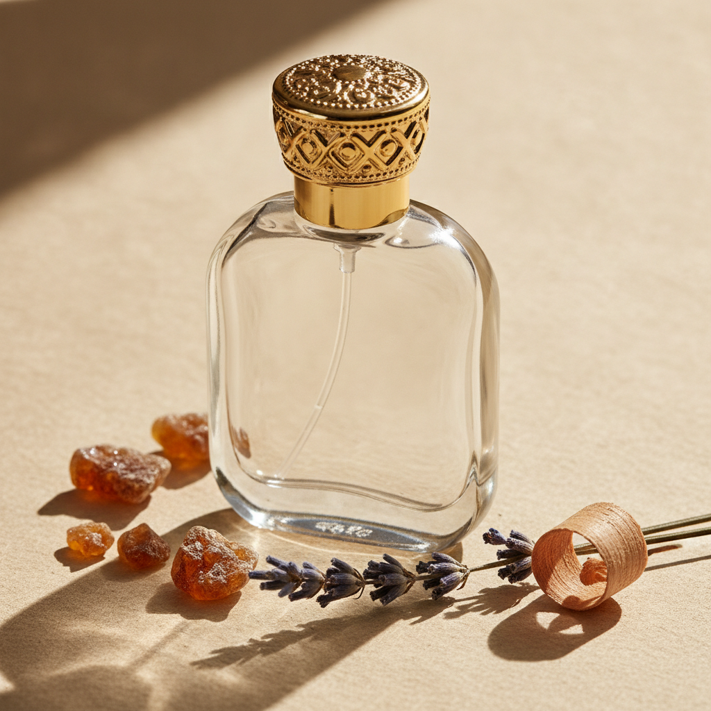 Glass perfume bottle beside amber resin pieces, dried lavender, and a cedarwood shaving on a cream surface in warm sidelight.