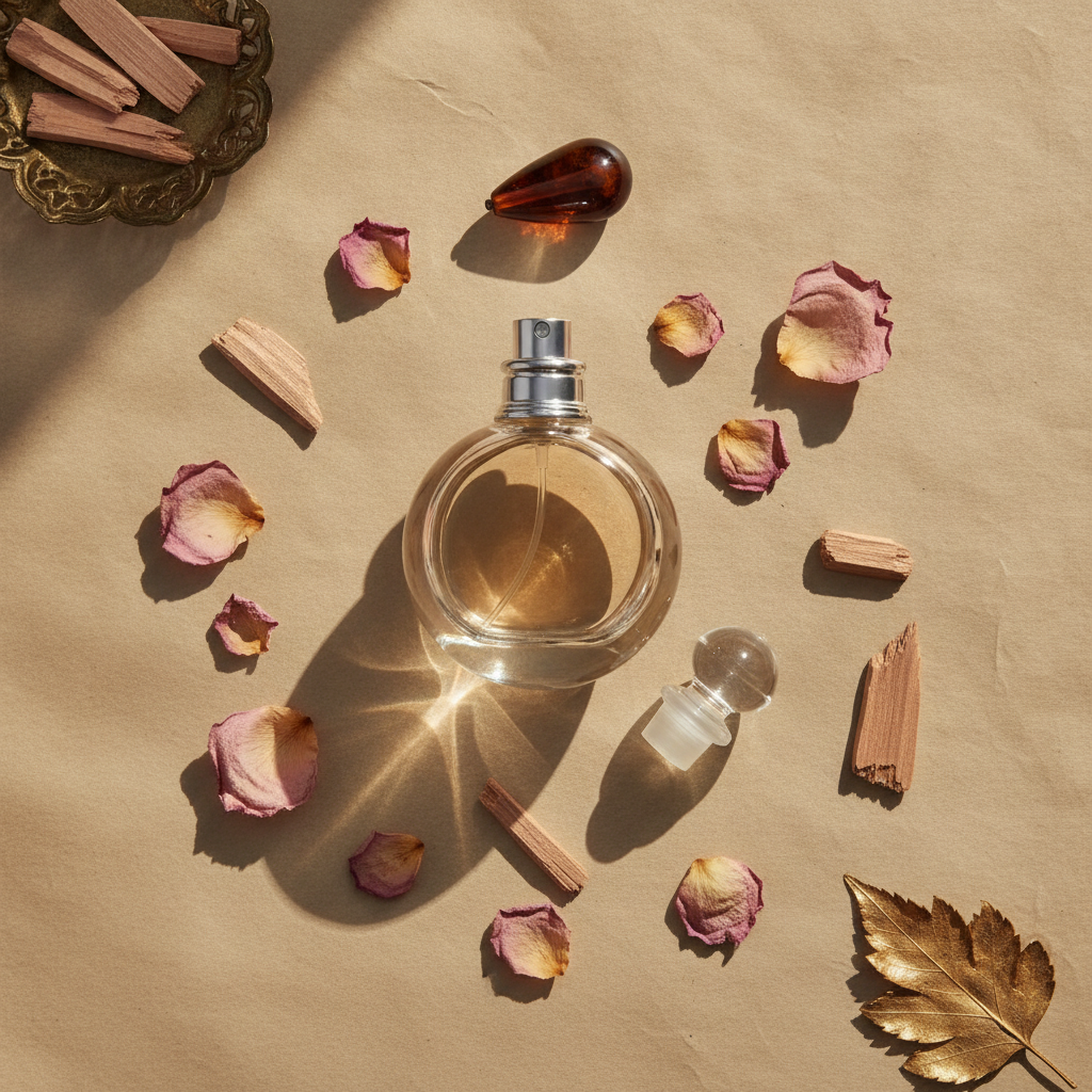 Overhead flat lay of an open perfume bottle with dried petals, sandalwood chips, and an amber bead on a cream surface.