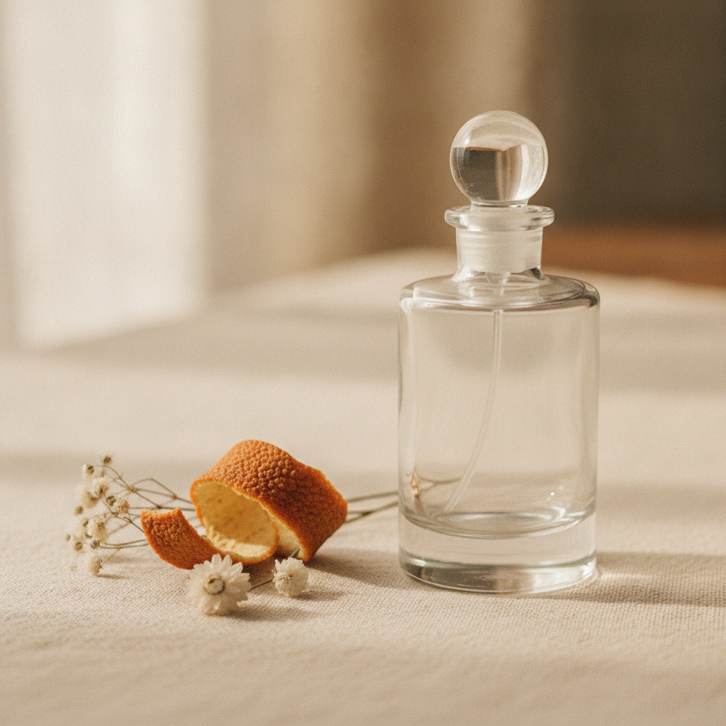 Clear glass perfume bottle beside a curl of orange peel and dried florals on cream linen, soft natural light