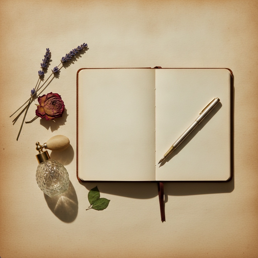 Open notebook beside a vintage perfume bottle with atomizer, pressed botanicals, and a fine pen, on cream parchment with soft natural light
