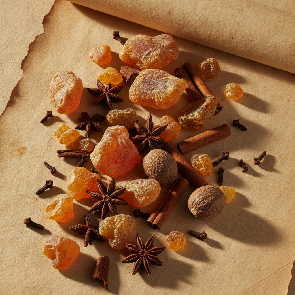Amber resin pieces and dried spices arranged on cream parchment in warm raking light.