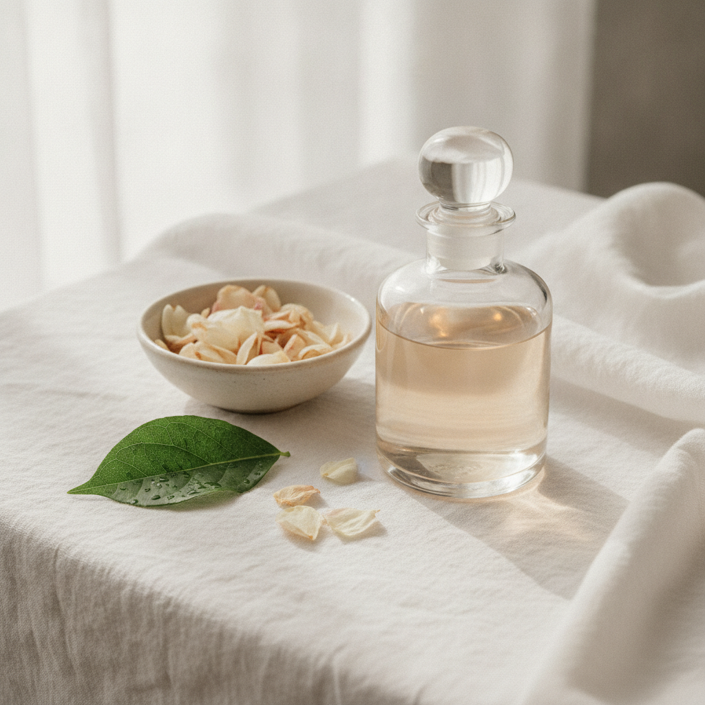 Light glass perfume bottle on white linen beside a green leaf and pale dried petals in soft diffused daylight.