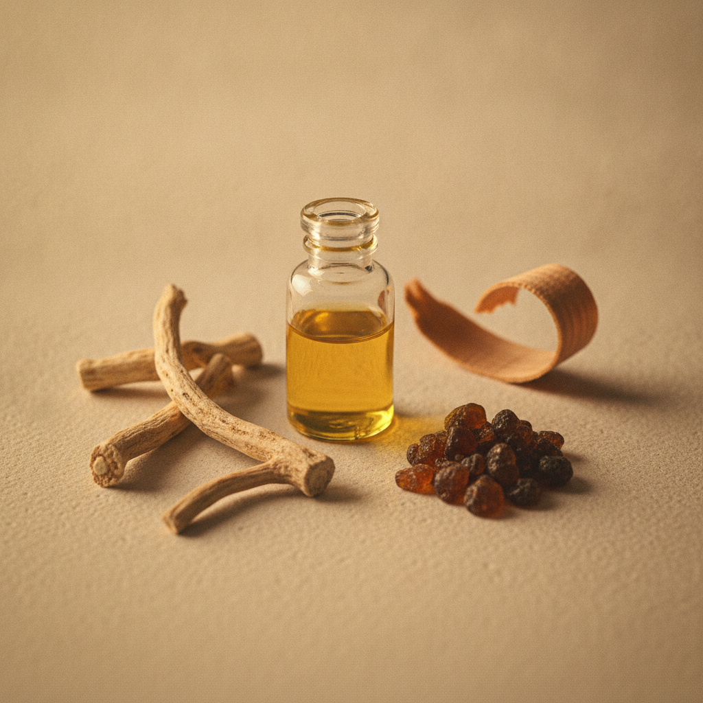 Raw perfumery materials including a vial of aromatic oil, orris root, labdanum resin, and cedarwood curl on a cream surface.