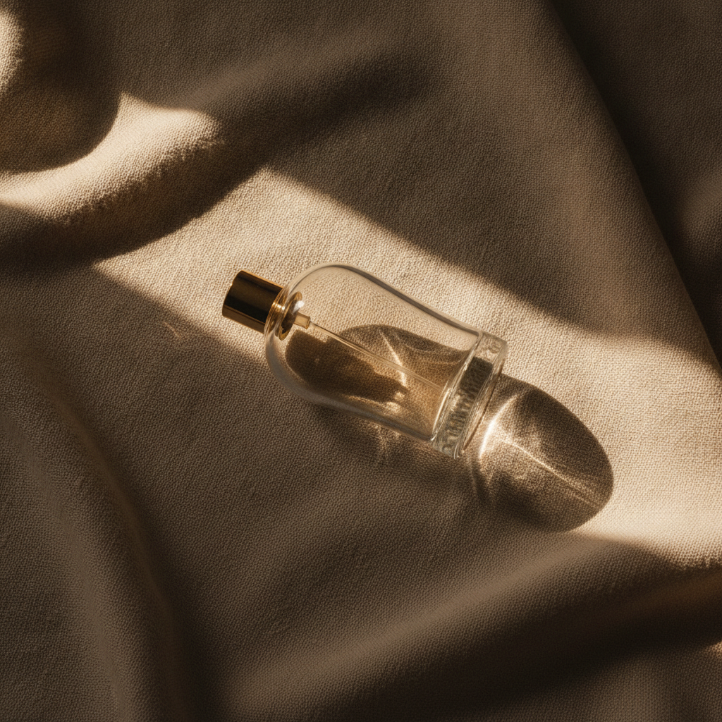 A rounded glass perfume bottle resting on cream linen with a bar of warm window light falling across it.