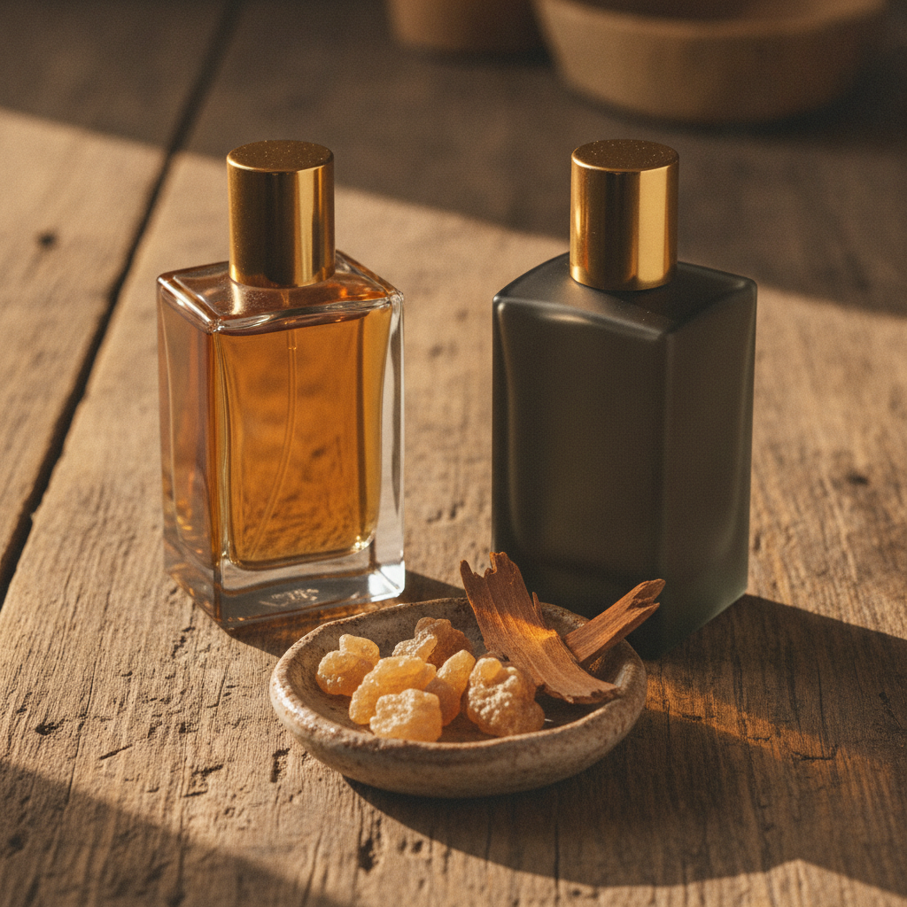 Amber and dark glass perfume bottles beside a ceramic dish of dried resin and cedar on a worn wooden surface.