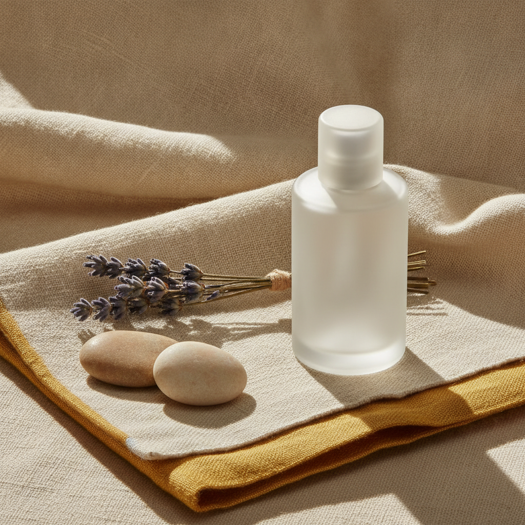Frosted glass perfume bottle on folded aged linen beside dried lavender and two smooth stones in soft diffused light.