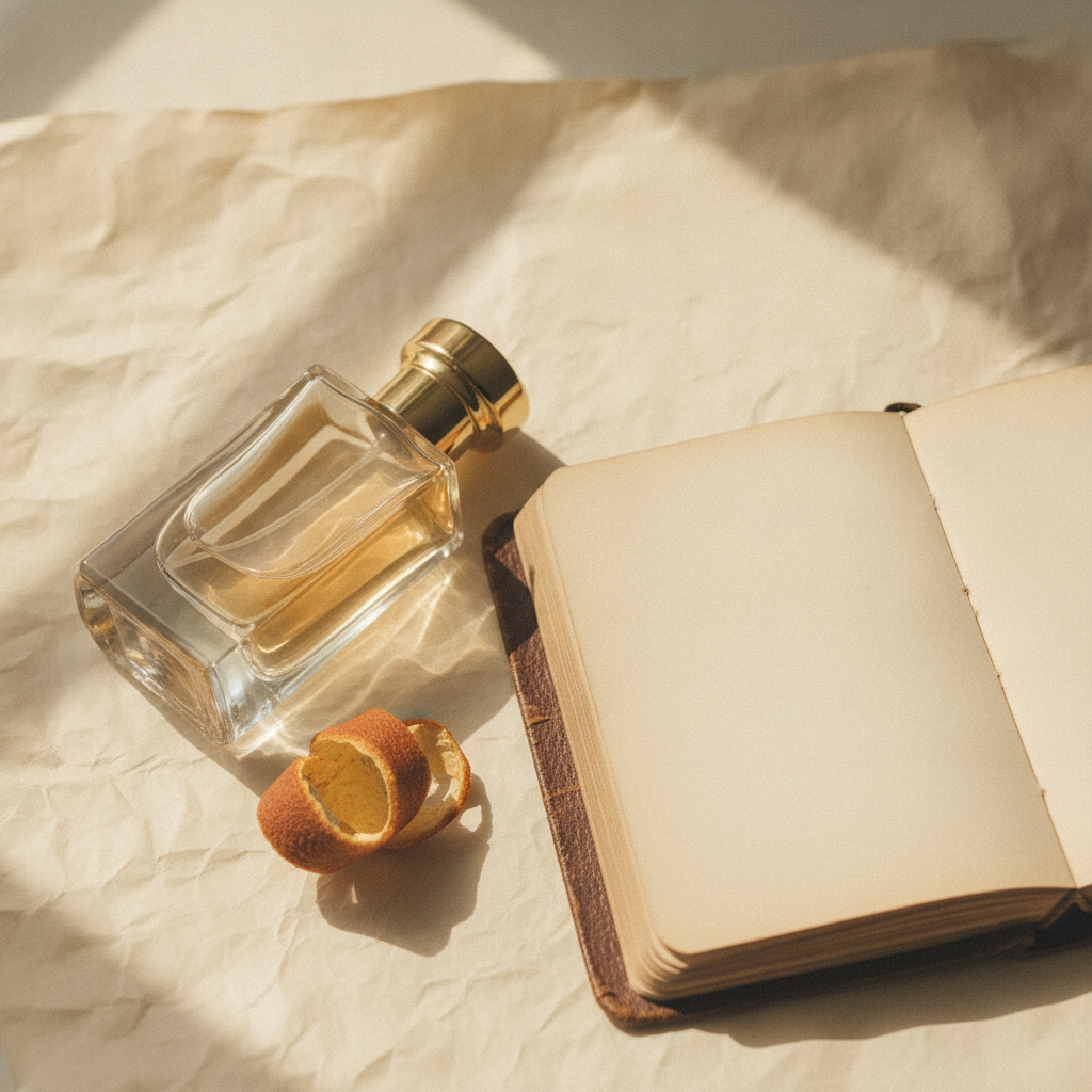A perfume bottle on its side beside an open blank journal on cream paper, with a curl of dried citrus peel and soft window light.