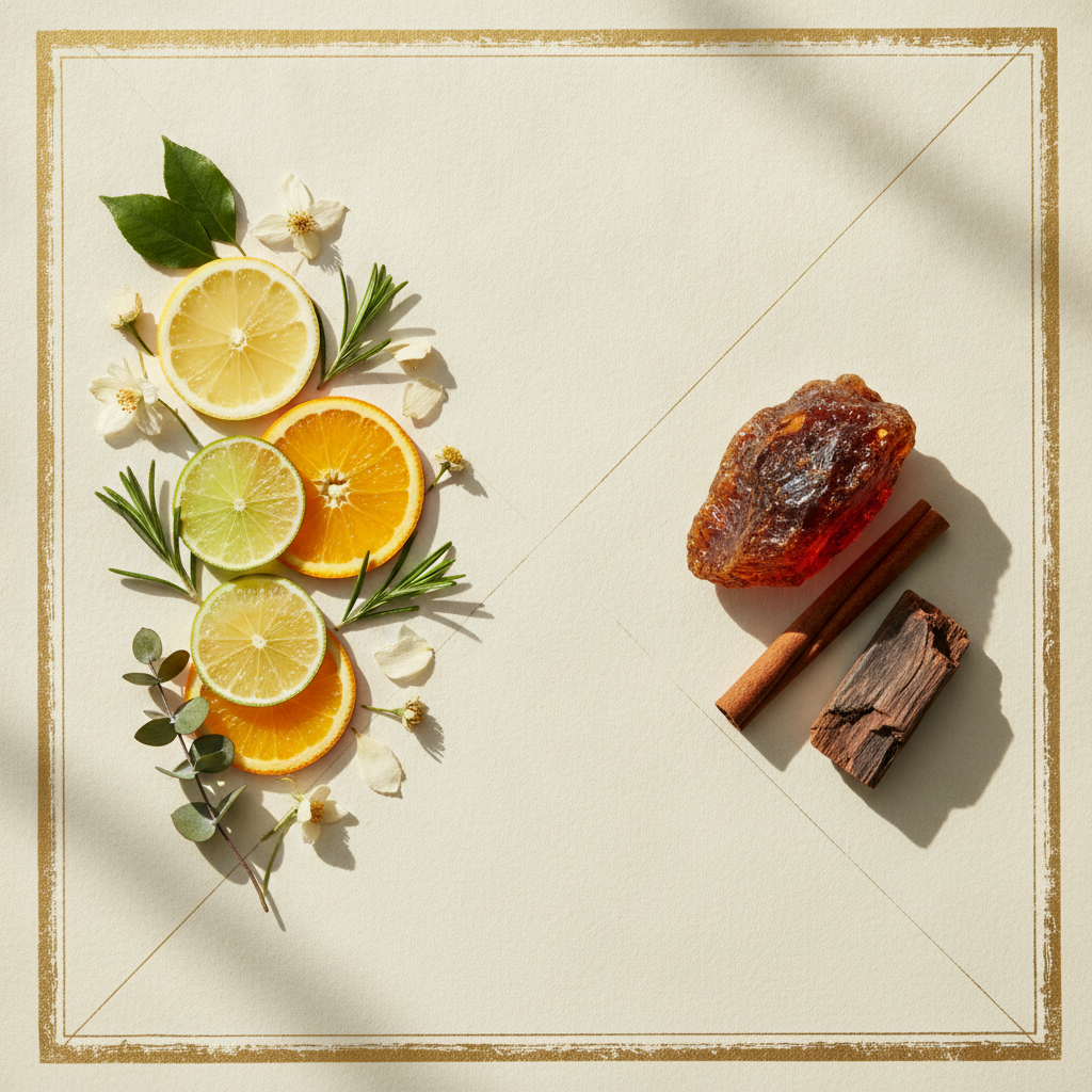 Two contrasting groups of fragrance materials on cream paper — fresh citrus and green botanicals on one side, dark amber resin and cinnamon on the other.