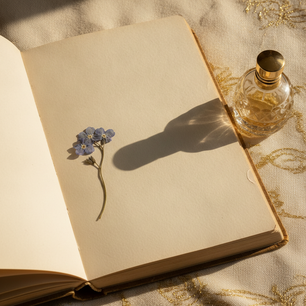 Open journal and small glass perfume bottle beside a dried pressed flower on cream paper in warm natural light.