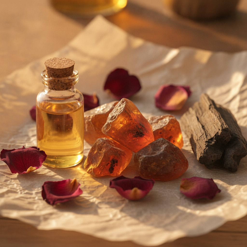 Raw perfume ingredients including amber resin, a vial of golden oil, dried rose petals, and a dark wood chip arranged on parchment paper in warm light.