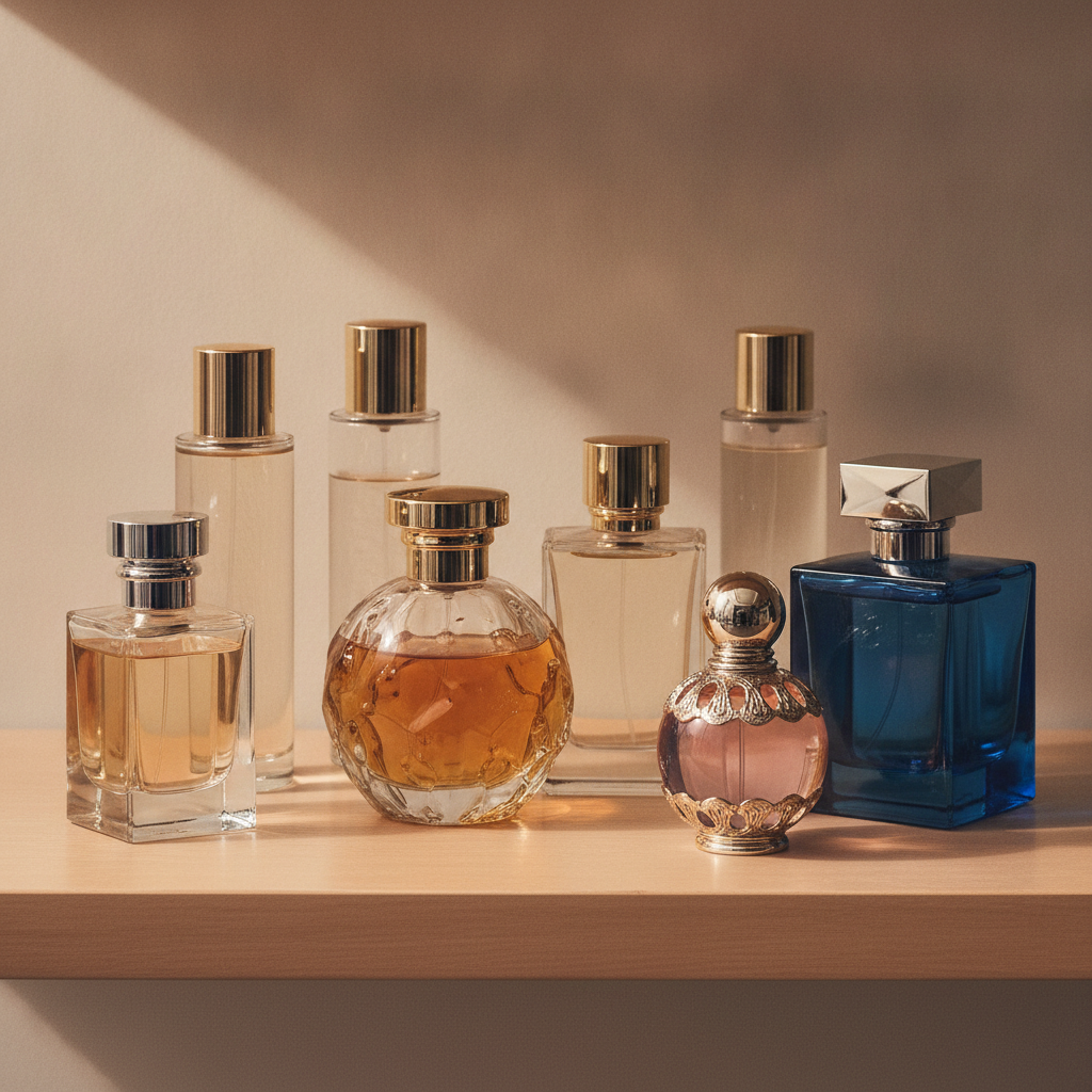 A collection of varied perfume bottles in different sizes and styles arranged on a warm wooden surface in soft natural light.