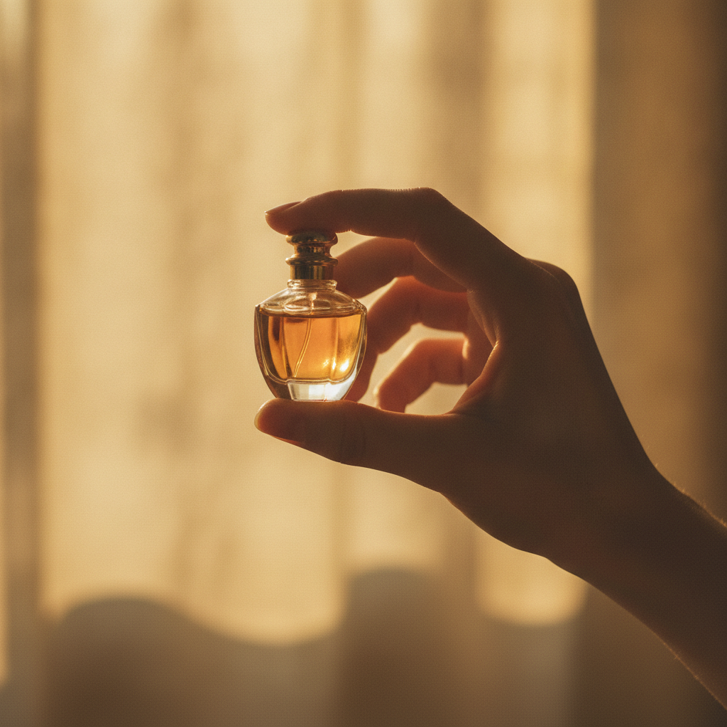 Hand holding a small amber glass perfume bottle up to warm afternoon light, soft cream background