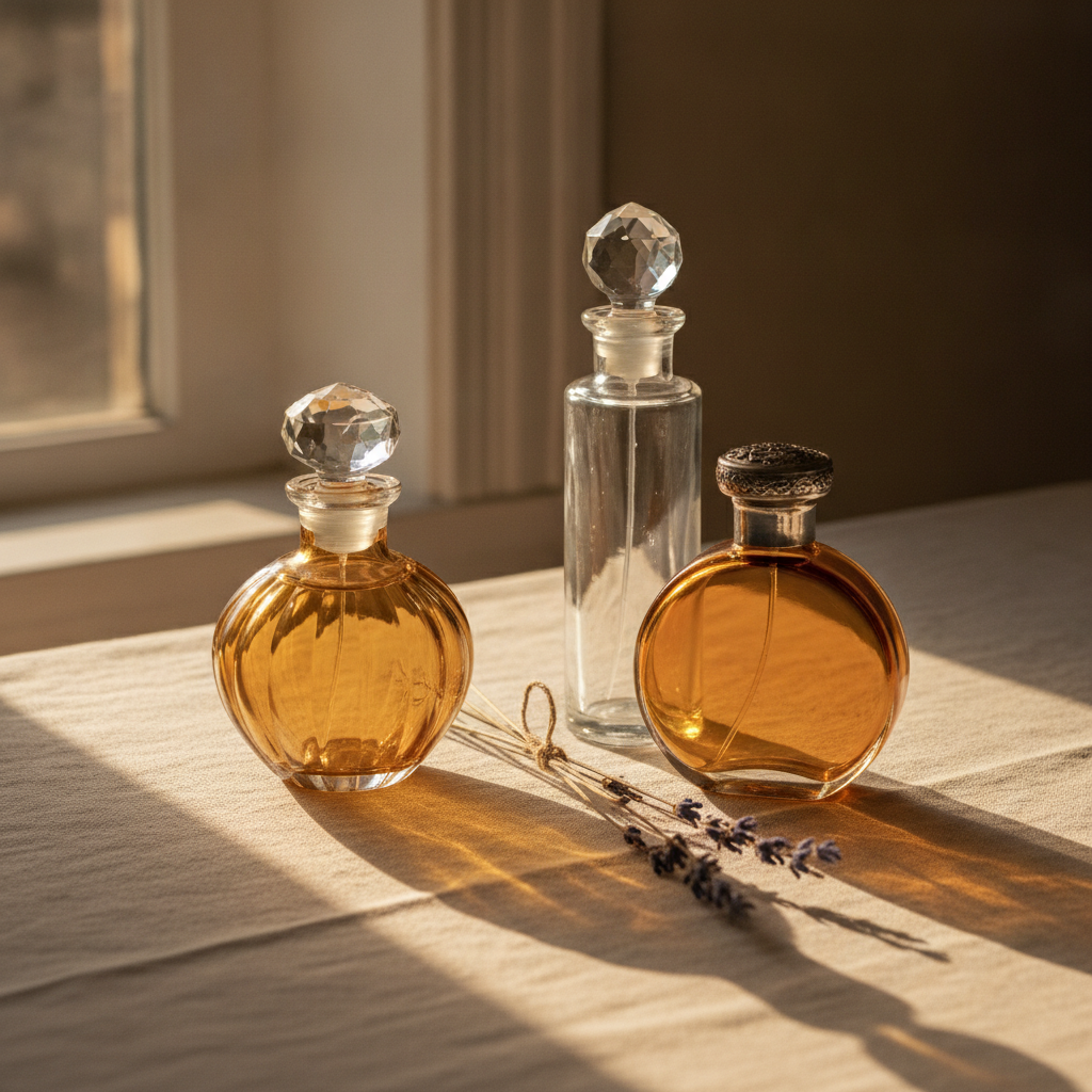 Antique perfume bottles near a sunny window with dried lavender on cream linen