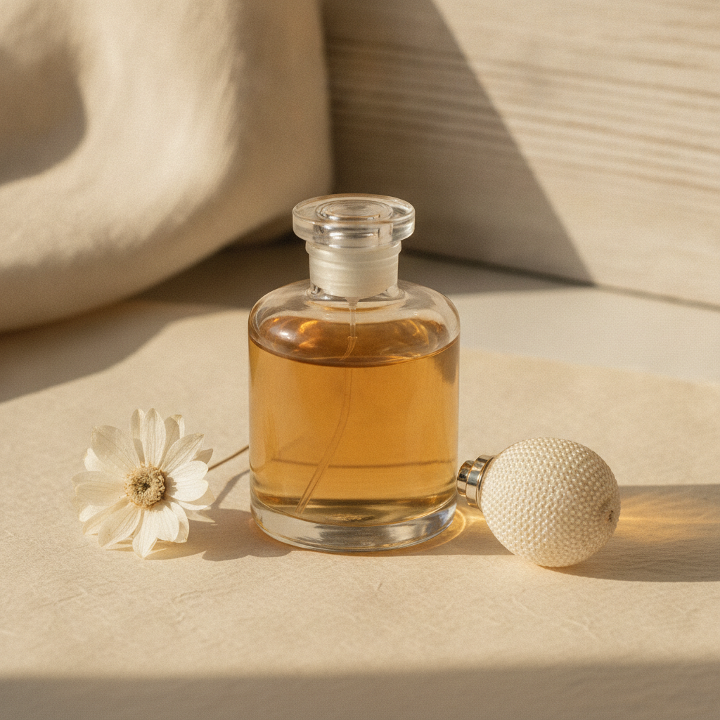 Close-up of an open perfume bottle beside a dried white flower on linen in warm afternoon light.