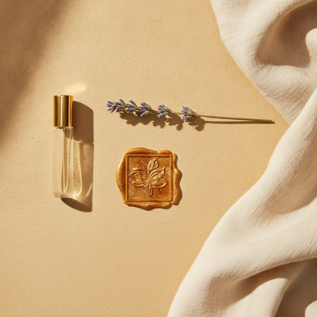 Flat lay of a perfume sample vial, dried lavender, and amber wax seal on cream parchment in soft natural light.