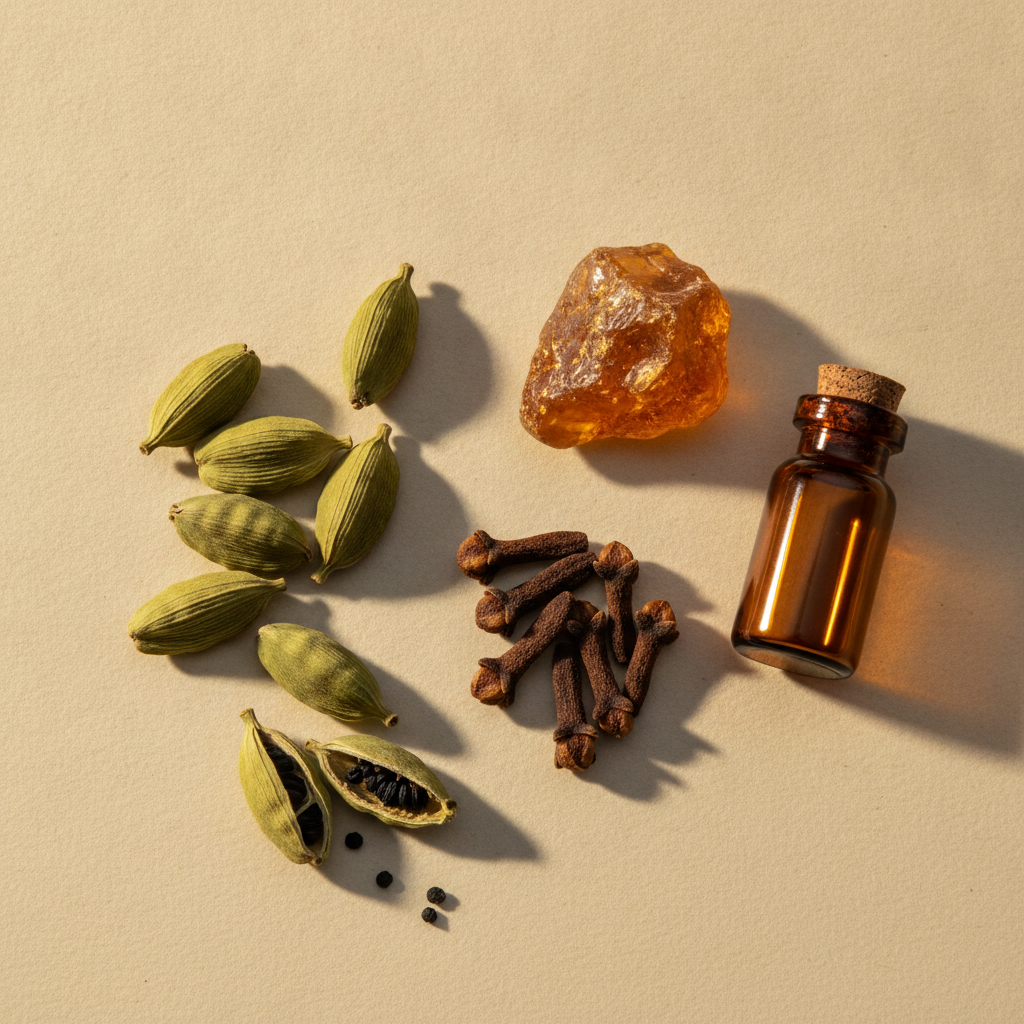 Cardamom pods, cloves, and a piece of raw amber resin beside a small dark glass vial on cream paper in warm golden light.