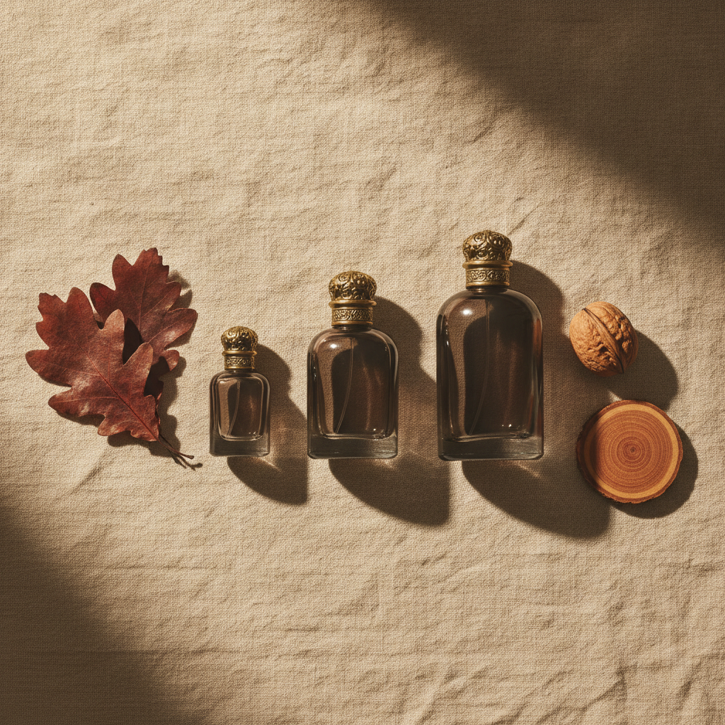 Three dark glass perfume bottles of different sizes arranged with dried oak leaves, a walnut, and a slice of cedarwood on aged cream linen in diffused golden light.