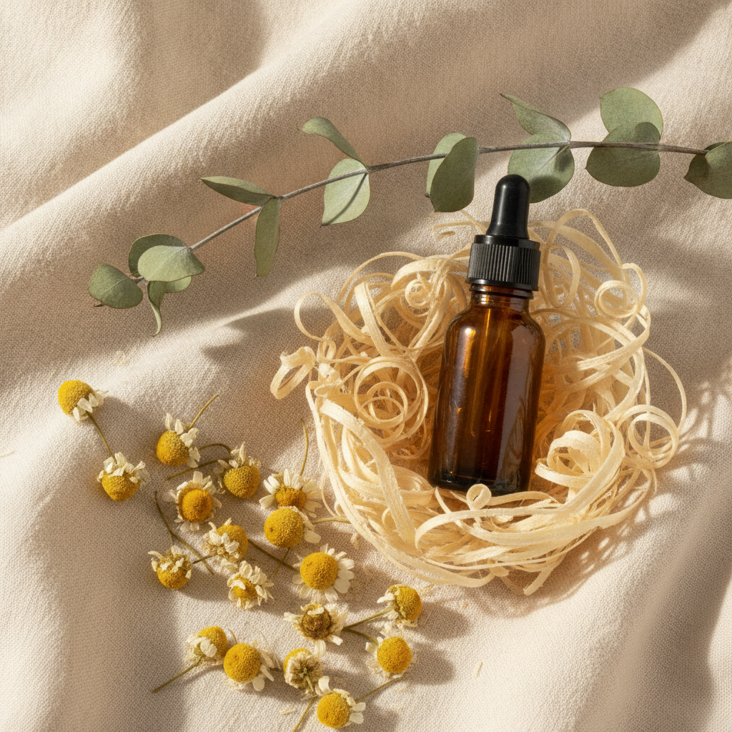 Small amber perfume bottle beside dried chamomile, eucalyptus, and pale wood shavings on cream linen.