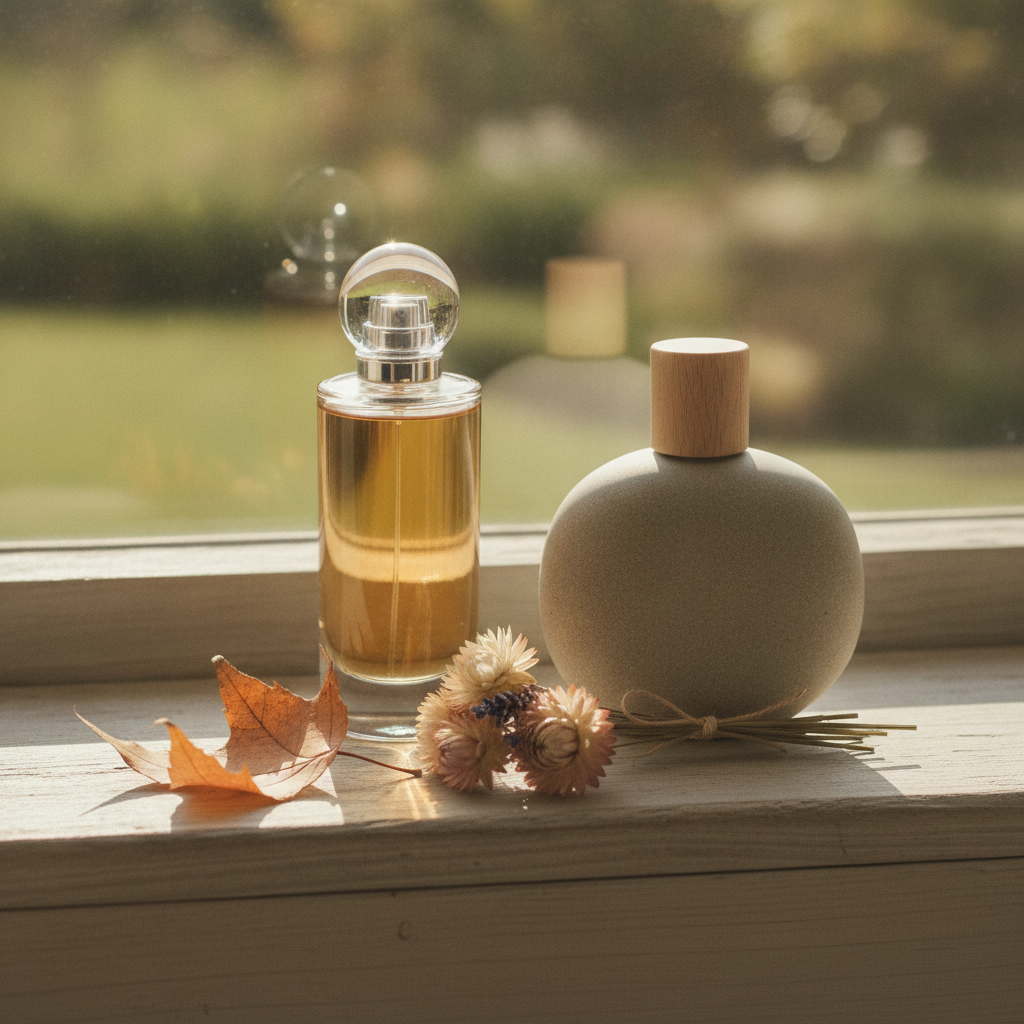 Two perfume bottles on a windowsill with soft autumn light, a dried leaf, and small pale dried flowers beside them.