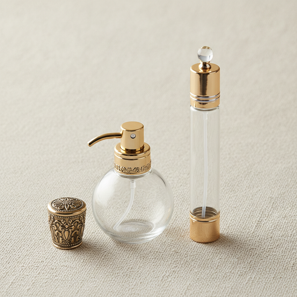 Glass spray perfume bottle and small rollerball oil bottle side by side on cream linen