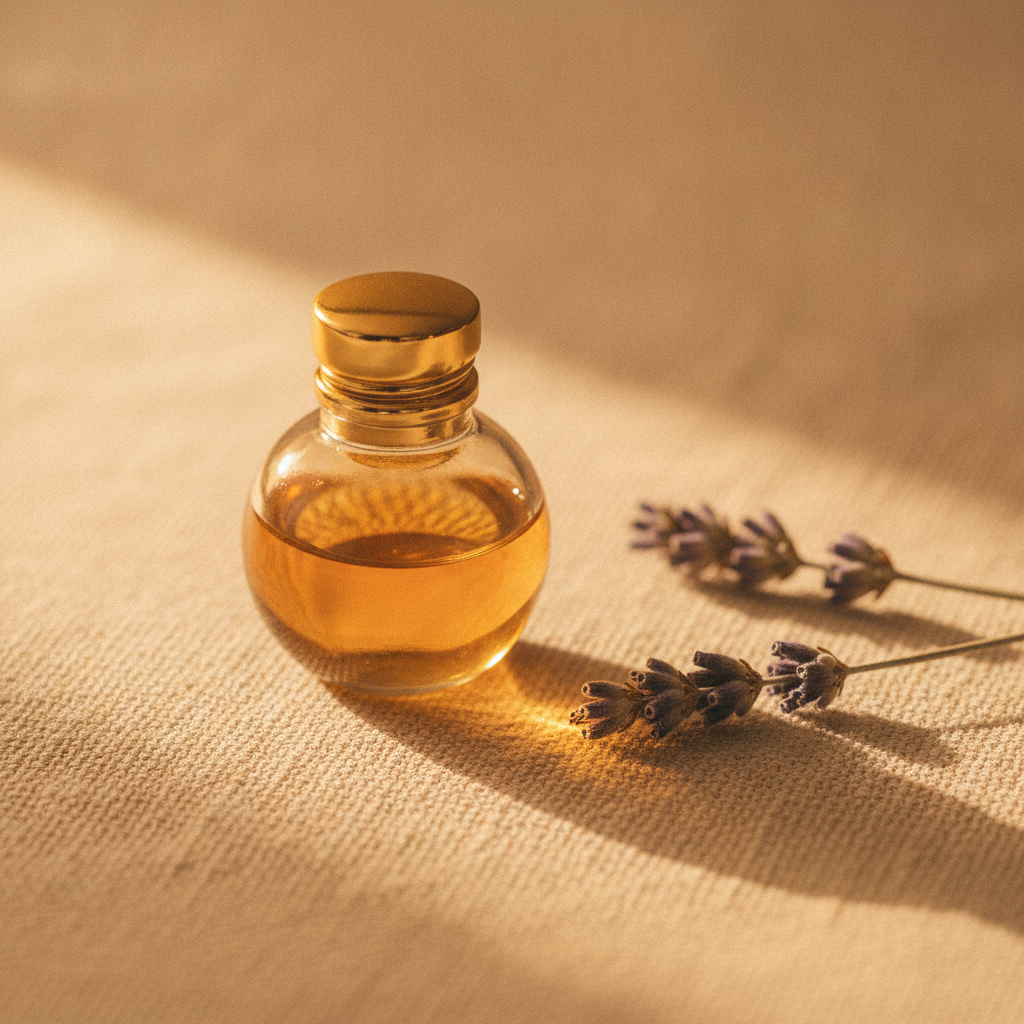 Small glass perfume bottle with gold stopper beside dried lavender on cream linen in warm amber light